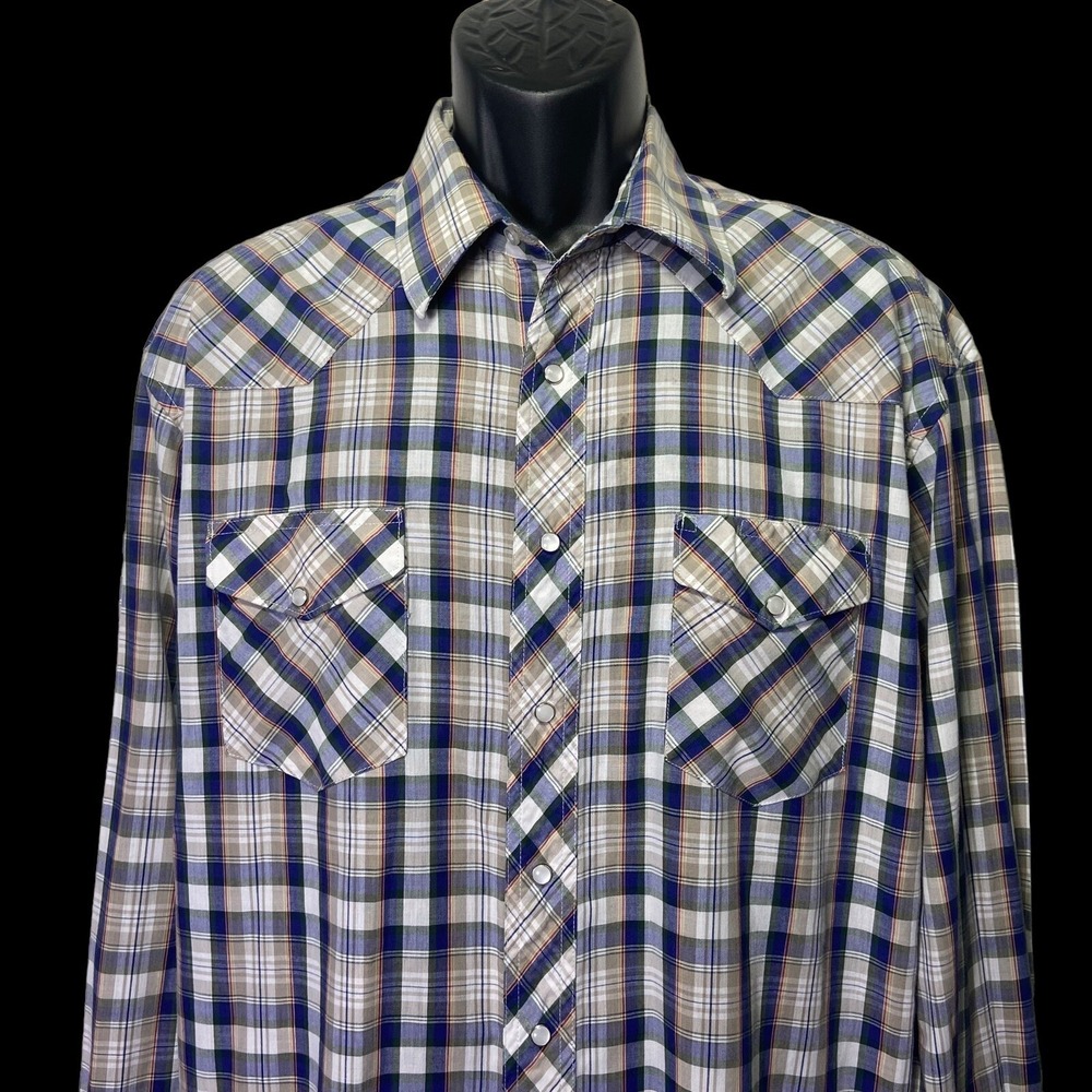 Wrangler Single Needle Mens Blue Plaid Pearl Snap Long Tail‎ Size XL - Picture 3 of 13